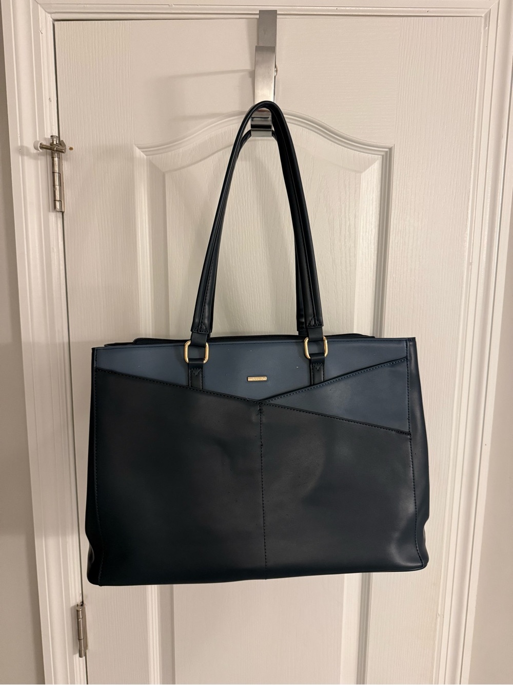 Dark Teal Structured Tote Bag with Gold Hardware